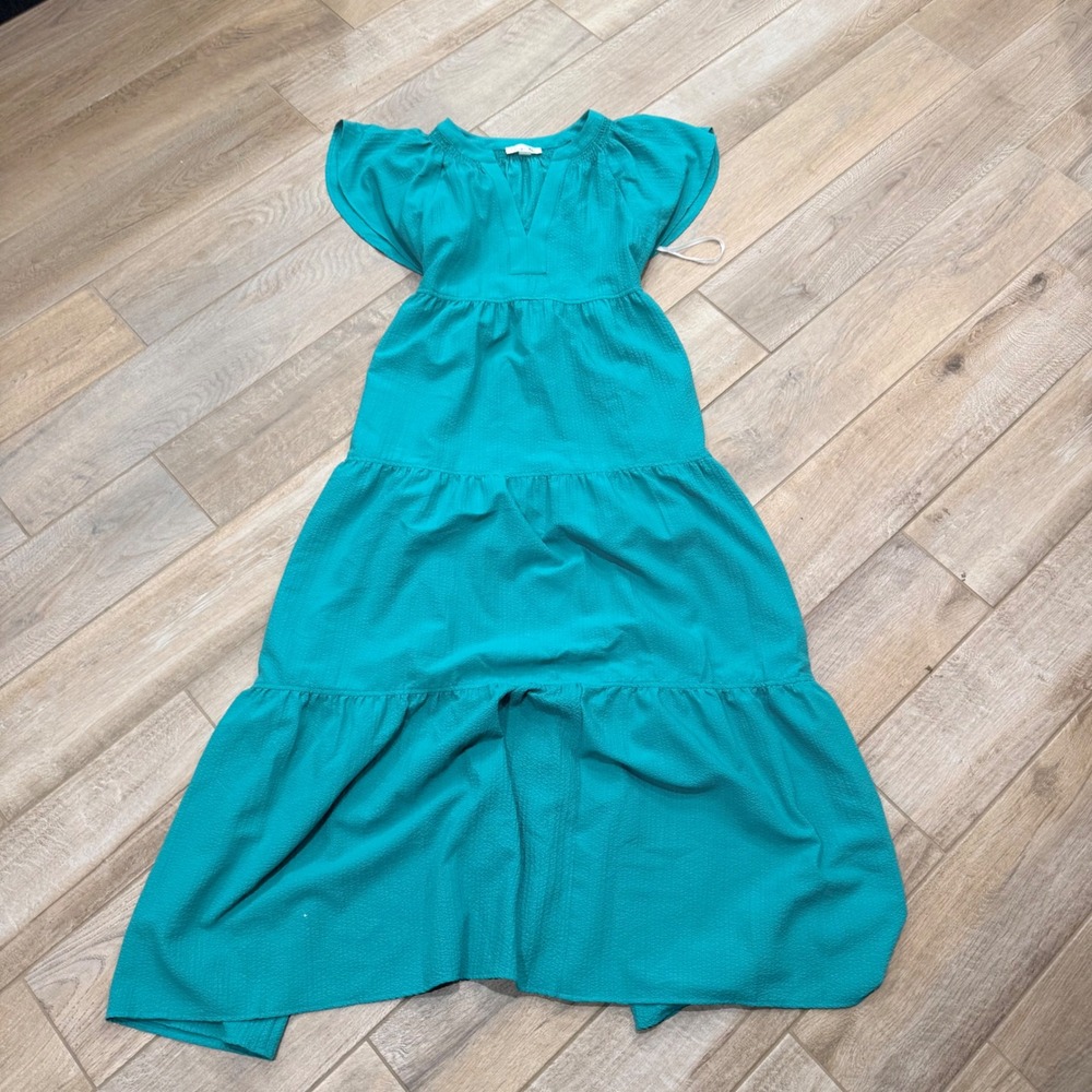 Harper Rose Teal Green Tiered Maxi Dress Flutter Sleeve Smocked Back Size 10